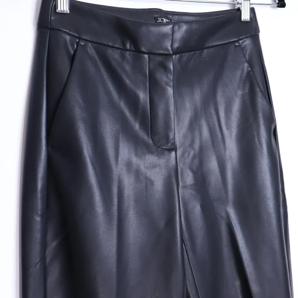 J. CREW Kate Faux Leather Pant Black Mid Rise Straight Leg Casual Women's 00